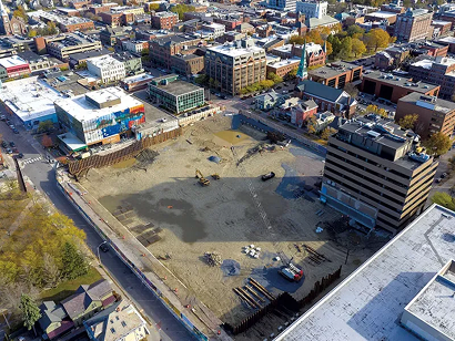 Aerial view of the Burlington Square site during the first year of development in downtown Burlington