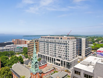 Aerial view of Burlington Square and downtown Burlington with Lake Champlain in the background